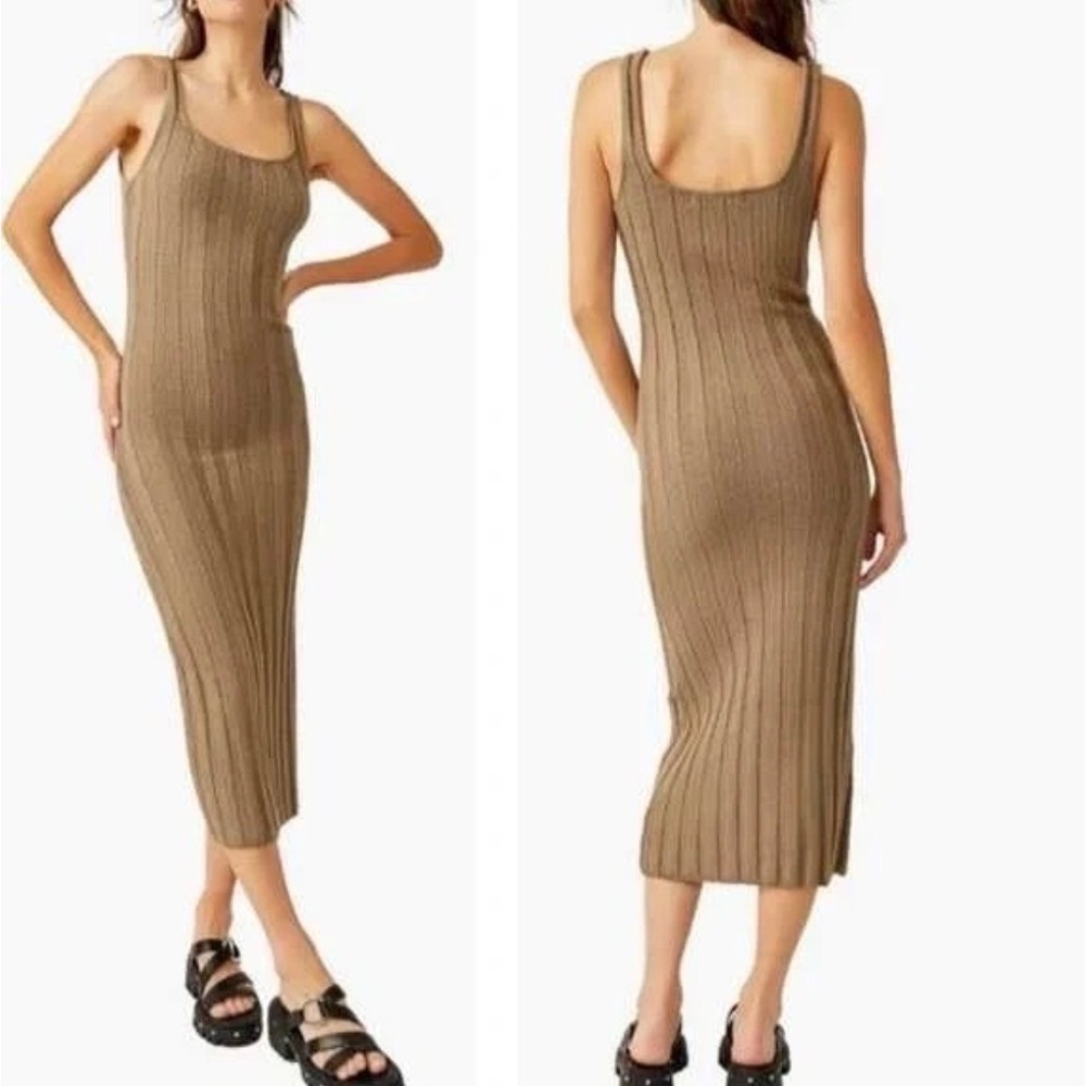Free People Beach Slip Dress Midi Santos Ribbed Olive Stone Brown Women Medium - Picture 2 of 11